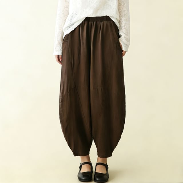 PANDAGO-Elastic Waist Plain Baggy Pants