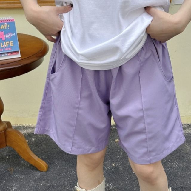 PANDAGO-Elastic Waist Plain Shorts