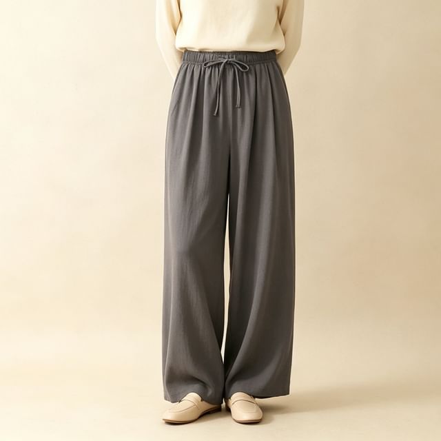 PANDAGO-Elastic Waist Plain Wide Leg Pants