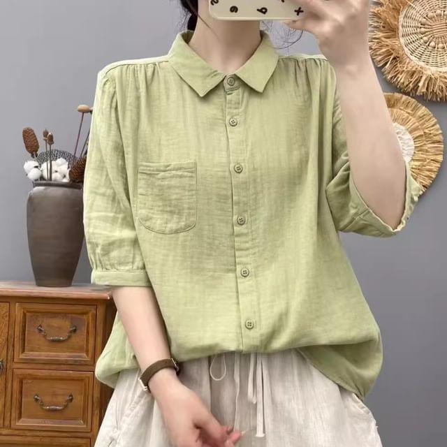 PANDAGO-Elbow Sleeve Collared Plain Blouse