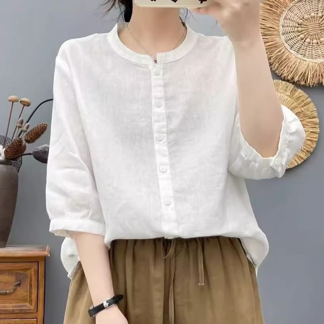 PANDAGO-Elbow Sleeve Crew Neck Plain Blouse