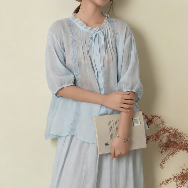 PANDAGO-Elbow-Sleeve Crewneck Sheer Plain Top