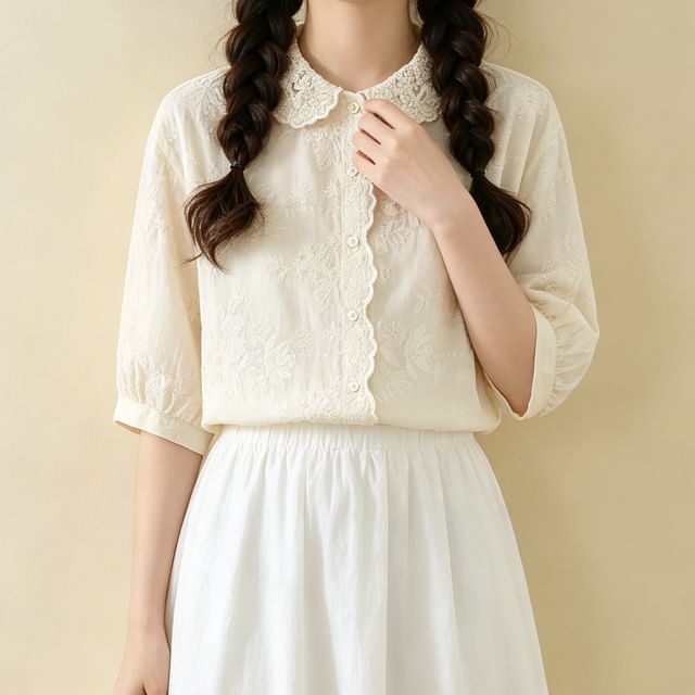 PANDAGO-Elbow-Sleeve Lace Button-Up Shirt