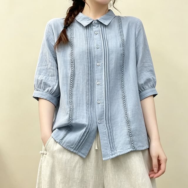 PANDAGO-Elbow-Sleeve Pleated Button-Up Plain Shirt