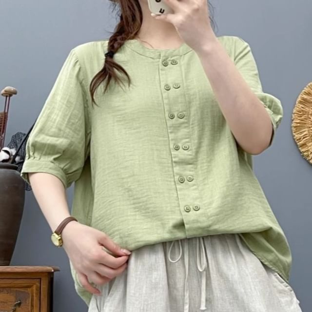 PANDAGO-Elbow Sleeve Round Neck Plain Double Breasted Blouse