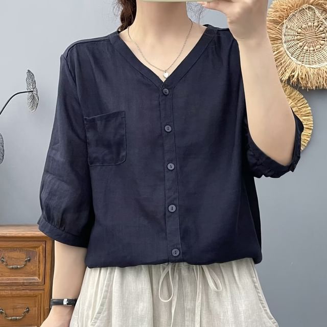 PANDAGO-Elbow Sleeve V-Neck Plain Blouse