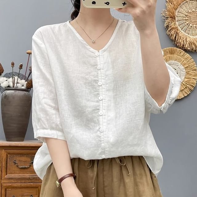 PANDAGO-Elbow Sleeve V-Neck Plain Blouse