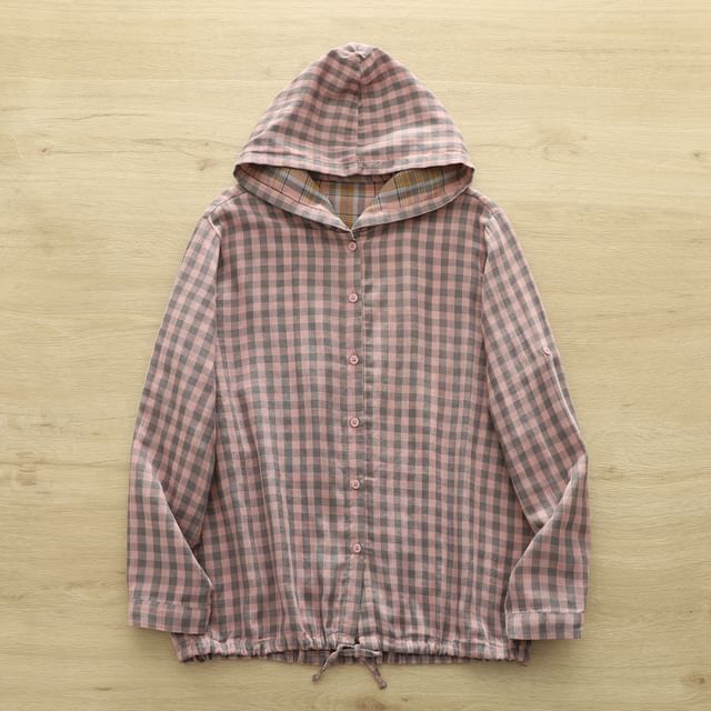 PANDAGO-Hooded Button-Up Plaid Jacket