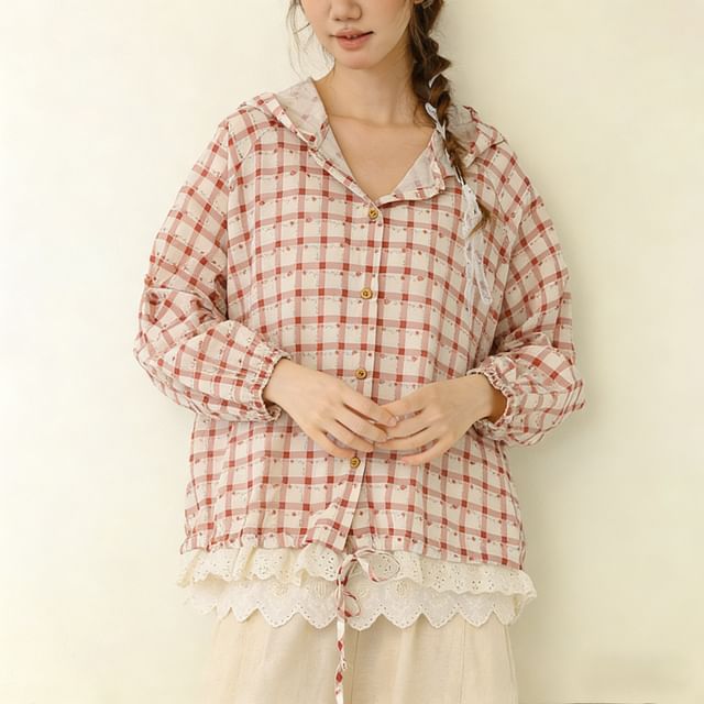 PANDAGO-Hooded Plaid Lace Trim Button Jacket