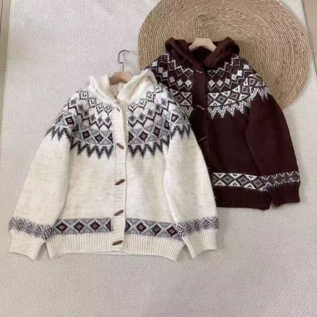 PANDAGO-Jacquard Hooded Toggle Cardigan