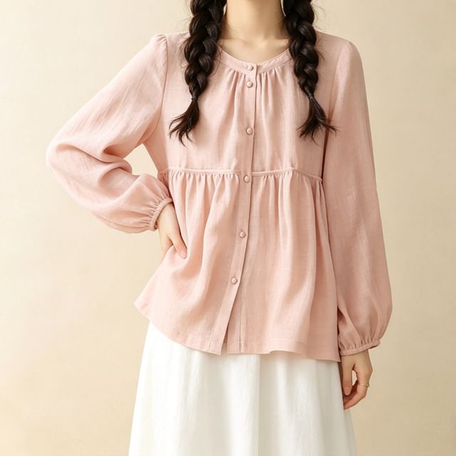 PANDAGO-Long-Sleeve Band Collar Plain Button Up Blouse