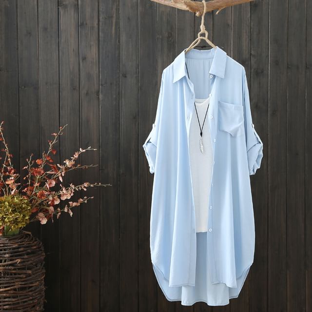 PANDAGO-Long-Sleeve Button-Up Plain Tunic Shirt