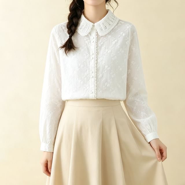 PANDAGO-Long-Sleeve Collared Floral Embroidered Button Up Blouse