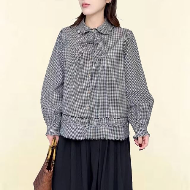 PANDAGO-Long-Sleeve Collared Plaid Ruffle Trim Button Up Blouse