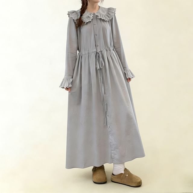 PANDAGO-Long-Sleeve Collared Plain Maxi A-Line Dress