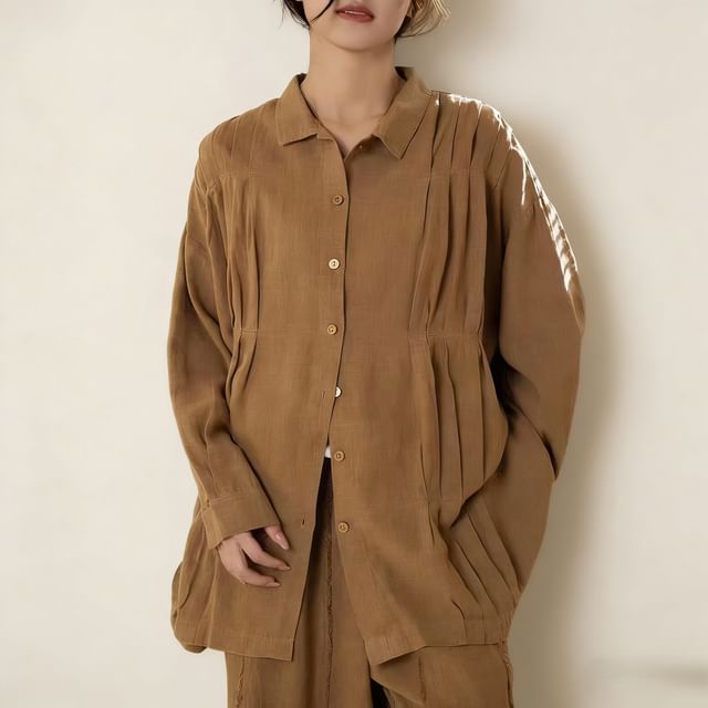 PANDAGO-Long-Sleeve Collared Ruched Button-Up Plain Blouse
