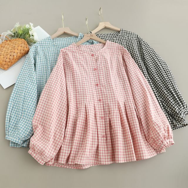 PANDAGO-Long-Sleeve Crew Neck Gingham Blouse