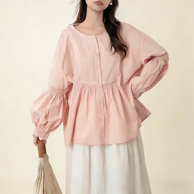 PANDAGO-Long-Sleeve Crew Neck Lace Panel Button-Up Blouse