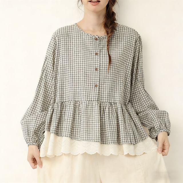 PANDAGO-Long-Sleeve Crew Neck Plaid Lace Panel Half-Buttoned Blouse