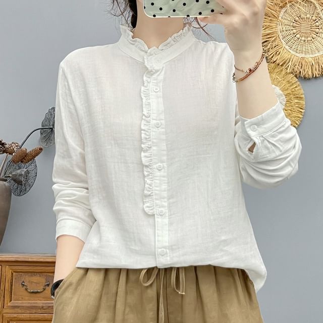 PANDAGO-Long-Sleeve Plain Ruffle Shirt