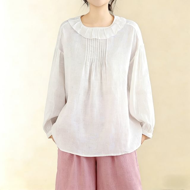 PANDAGO-Long Sleeve Round Neck Plain Ruffle Pintuck Blouse