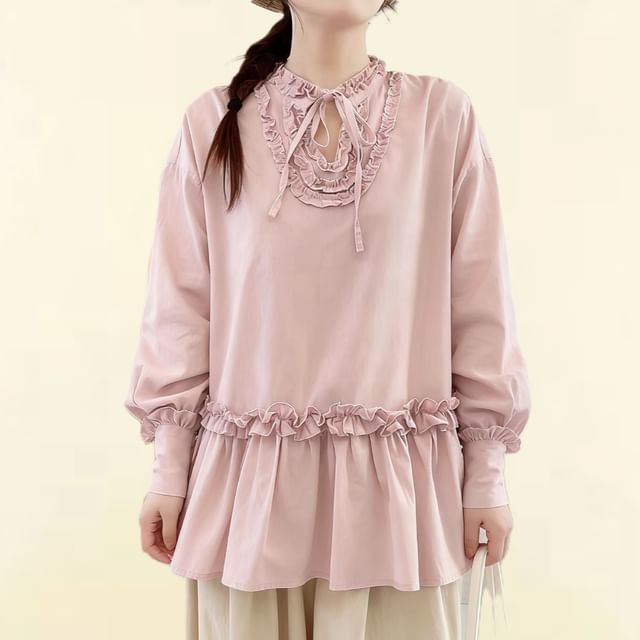 PANDAGO-Long-Sleeve Round Neck Plain Ruffle Trim Blouse