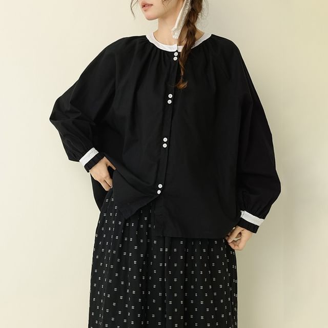 PANDAGO-Long Sleeve Round Neck Two Tone Gathered Blouse