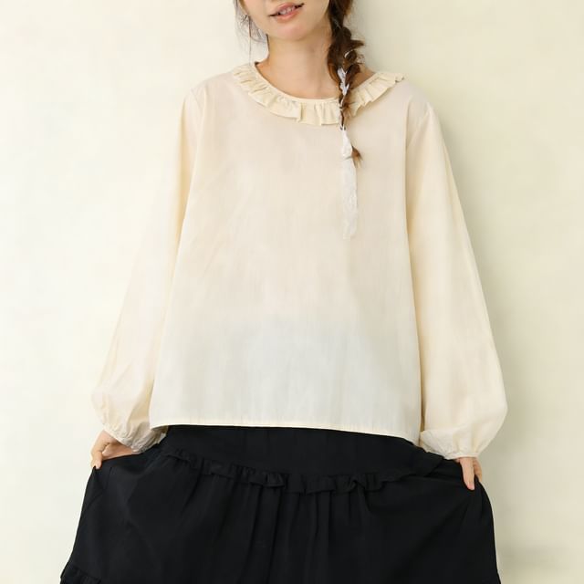 PANDAGO-Long Sleeve Ruffle Collar Plain Blouse
