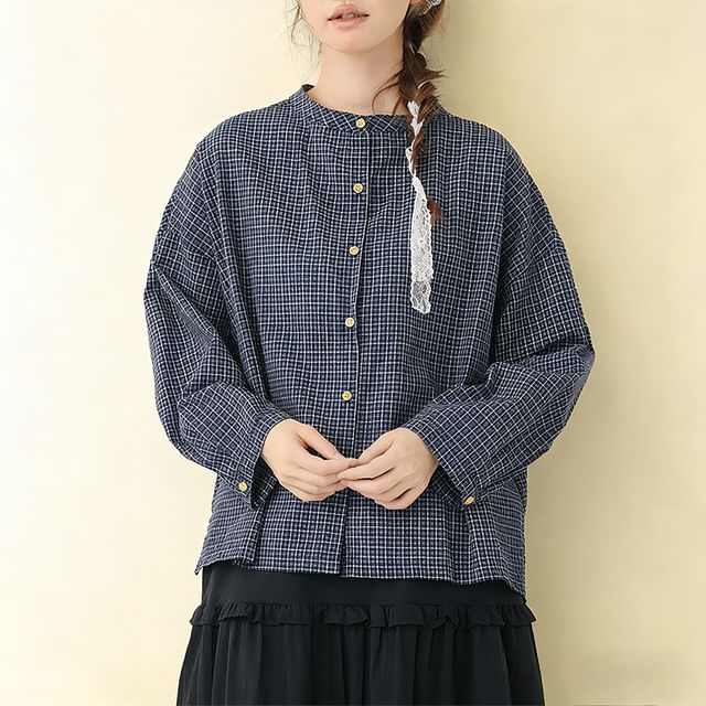 PANDAGO-Long-Sleeve Stand Collar Plaid Button-Up Blouse