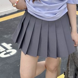 PANDAGO-Mid Rise Plain Mini Pleated Skirt