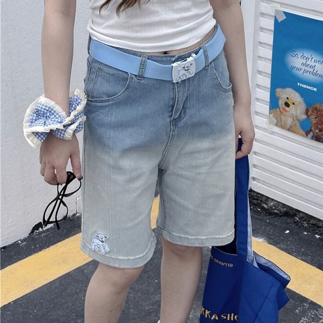 PANDAGO-Mid Waist Washed Gradient Denim Shorts