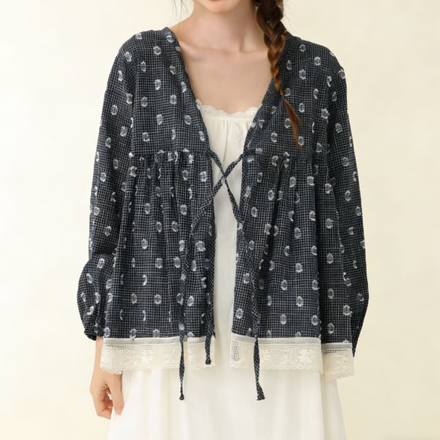 PANDAGO-Open Front Jacquard Crop Jacket