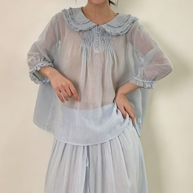 PANDAGO-Puff-Sleeve Collared Sheer Plain Blouse