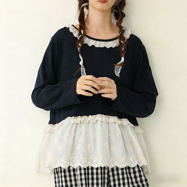 PANDAGO-Round Neck Drop Shoulder Plain Lace Panel T-Shirt