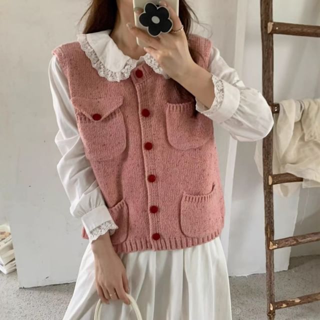 PANDAGO-Round Neck Melange Multi-Pocket Button Sweater Vest