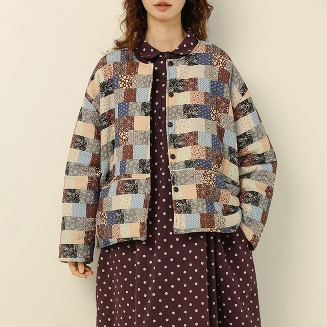 PANDAGO-Round Neck Patchwork Button Jacket
