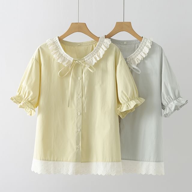PANDAGO-Short-Sleeve Collared Two Tone Shirt