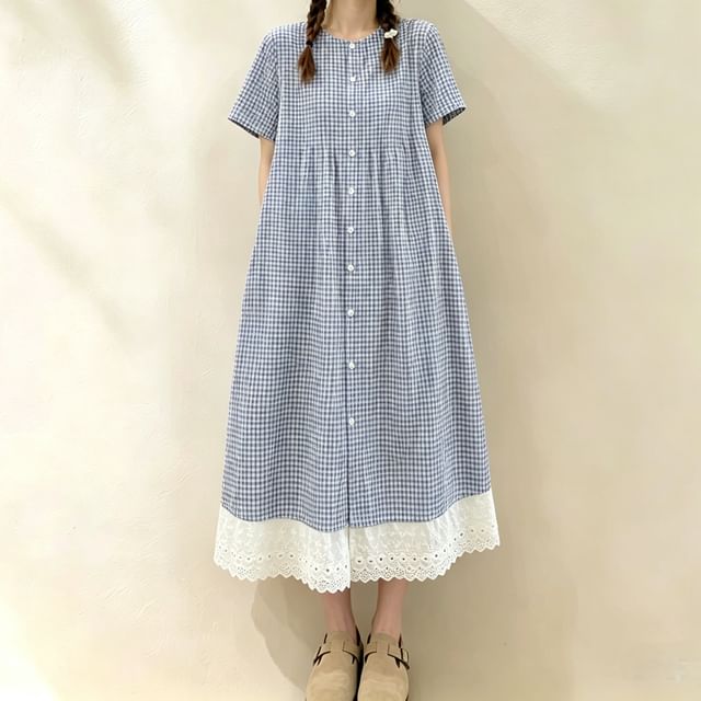 PANDAGO-Short-Sleeve Crew Neck Gingham Embroidered Eyelet Panel Button-Up Midi A-Line Dress