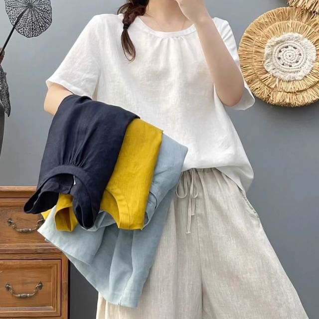 PANDAGO-Short Sleeve Crew Neck Plain Top