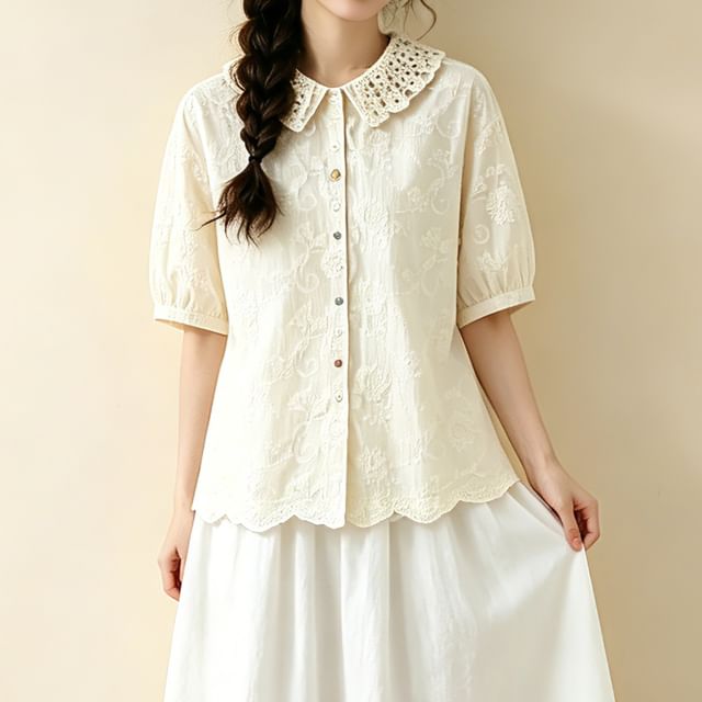 PANDAGO-Short-Sleeve Lace Button-Up Shirt