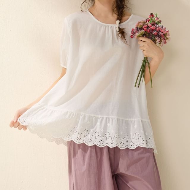 PANDAGO-Short-Sleeve Round Neck Eyelet Trim Blouse