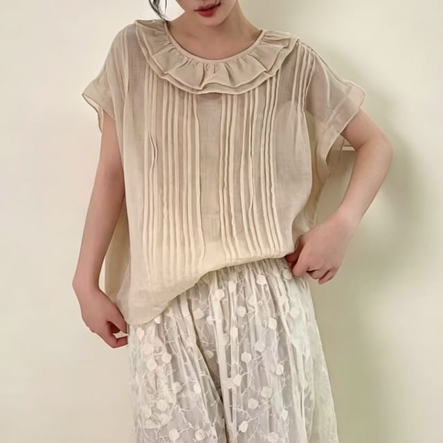 PANDAGO-Short-Sleeve Ruffle Collar Pleated Plain Blouse