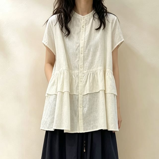 PANDAGO-Short-Sleeve Stand Collar Ruffle Trim Button-Up Plain Blouse