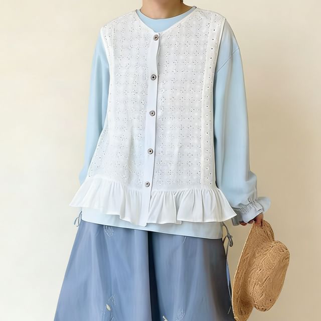 PANDAGO-Sleeveless Perforated Button-Up Flowy Top