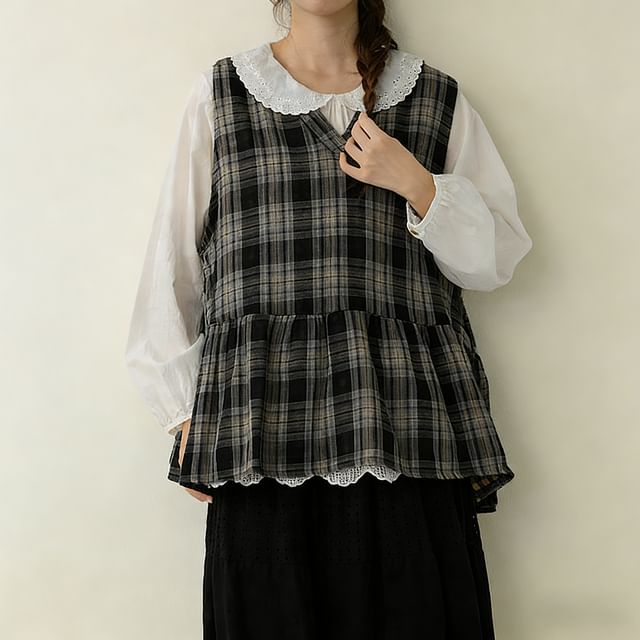 PANDAGO-Sleeveless V-Neck Plaid Ruffle Trim Top