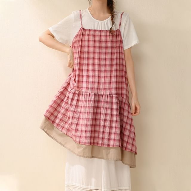 PANDAGO-Spaghetti Strap Plaid Midi Overall Dress