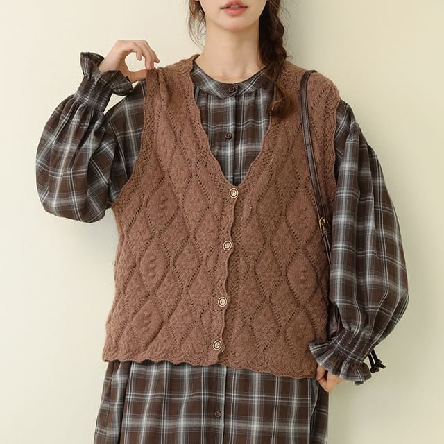 PANDAGO-V-Neck Jacquard Perforated Button-Up Sweater Vest