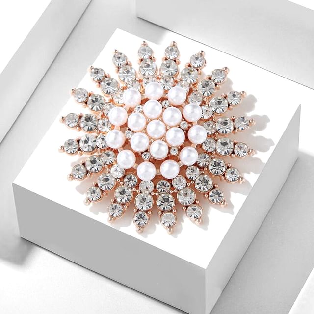 PANGU-Rhinestone Faux Pearl Cluster Brooch