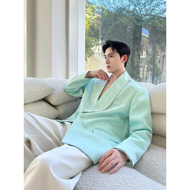 Patow-Beaded Shawl Lapel Plain Single Breasted Blazer