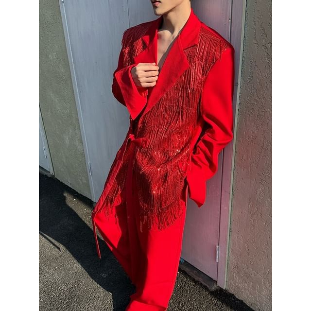 Patow-Button-Up Sequin Fringed Blazer